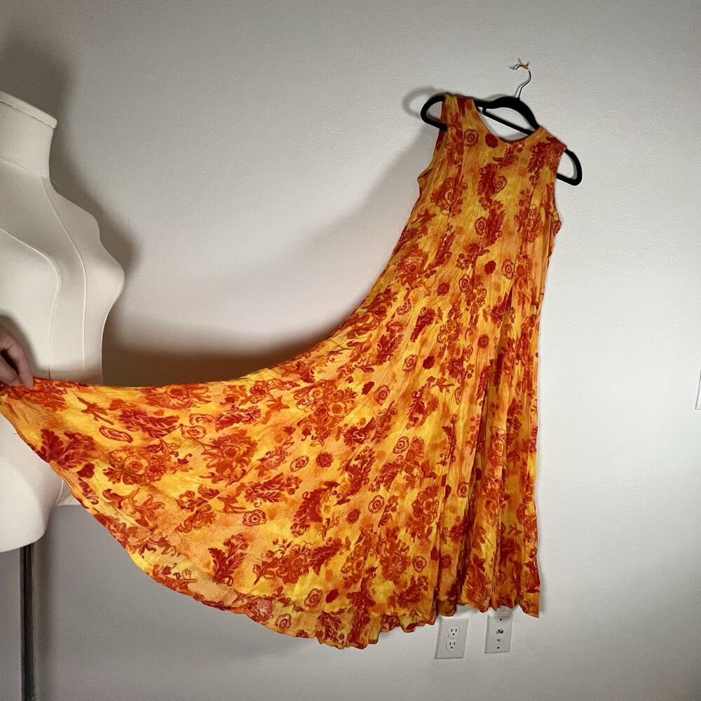 La D'Da Vtg Midi Dress S Crinkled Rayon Orange Floral Sleeveless Flowy Summer
